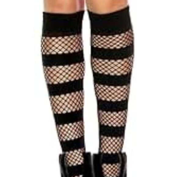 NWT BeWicked Black Nylon Knee Highs Mixed Fishnet One Size Goth Sexy - Picture 2 of 5